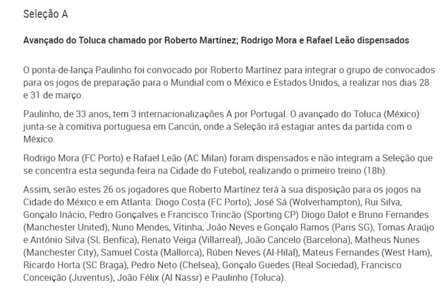 El comunicado de Portugal anunciando la convocatoria de Paulinho