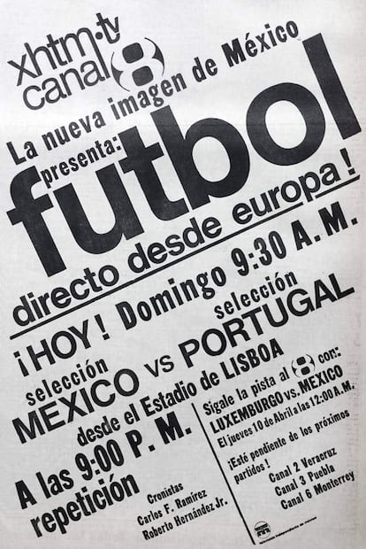 Anuncio de Televisión Independiente para el 6 de abril de 1969. A consideración del público, aunque Canal 8 hubiera transmitido el partido, TSM seguía ganando en niveles de audiencia gracias a su amplia cobertura en el D.F., Monterrey, Veracruz y Puebla, además de tener mejores comentaristas. Foto: Hemeroteca EL UNIVERSAL.
