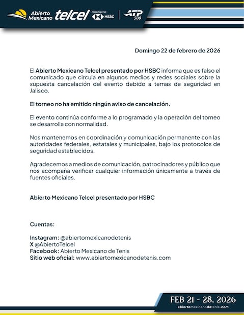 El comunicado oficial del Abierto Mexicano de Tenis