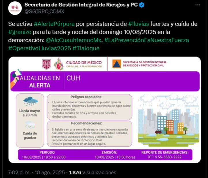 Activan alerta púrpura por lluvias intensas en una alcaldía de CDMX (10/08/2025). Foto: Captura de pantalla