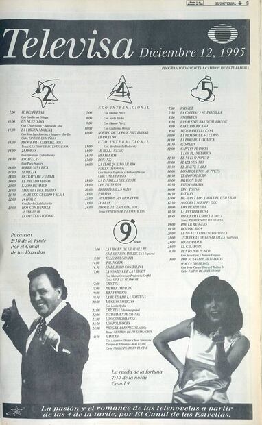 A finales de 1995, “Pácatelas” era uno de los grandes productos de Televisa, así lo sugiere esta guía de TV publicada en las páginas de El Gran Diario de México, no sin una foto del conductor del programa. Hemeroteca EL UNIVERSAL.