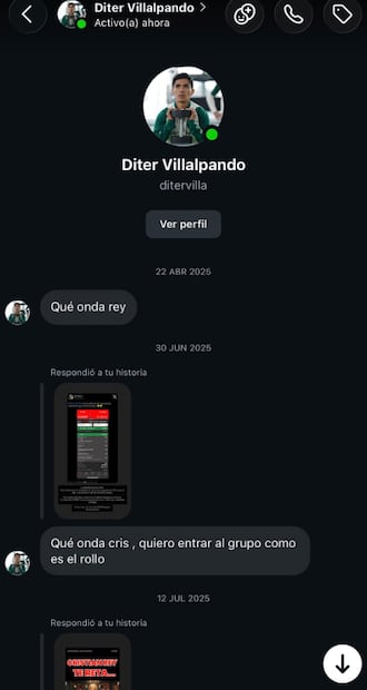 Las conversaciones donde Dieter Villalpando pide entrar a grupos de apuestas deportivas / Fotos: Captura de pantalla de Cristian Rey