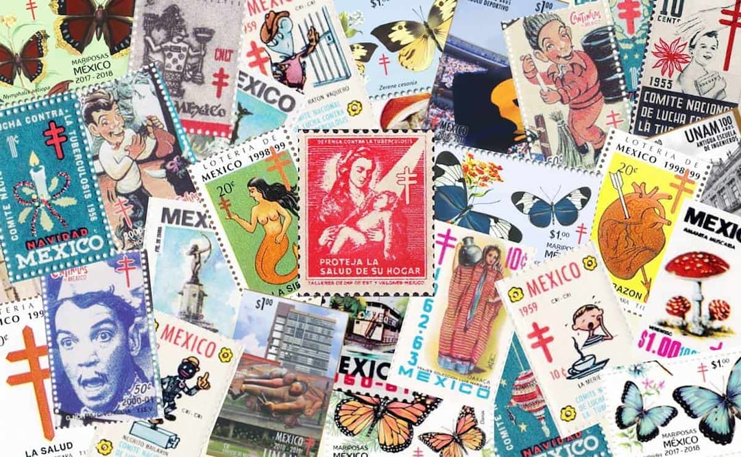 Timbres antituberculosos de diferentes épocas. EL UNIVERSAL aseguró que todo buen mexicano debía adquirir estas estampillas, “toda empresa o institución; el rico, el pobre, la clase media, todos los extranjeros que de veras respeten y quieran a México”. Foto: Cortesía Alejandro Grossmann/John Denune's ChristmasSeals.net/ESPECIAL.
