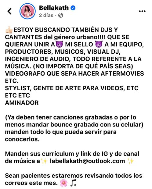 Además la intérprete de “Gatita” aprovechó la oportunidad para lanzar otra convocatoria en donde busca DJ´s, cantantes del género urbano y productores. Foto: Redes sociales