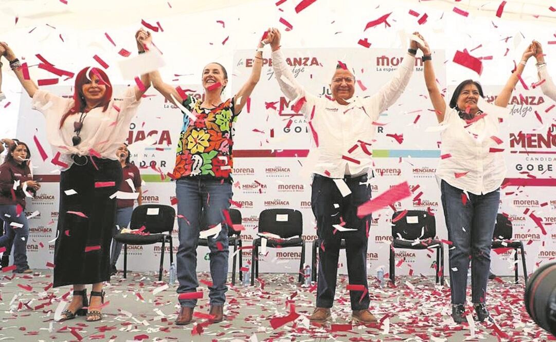 En un encuen- tro con mujeres, Julio Menchaca estuvo acom- pañado por Claudia Shein- baum, Layda Sansores y otras políticas. Foto: Tomada de Twitter.