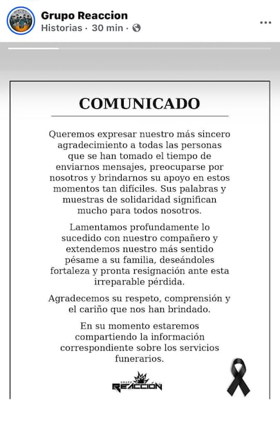 Tras el ataque, Grupo Reacción compartió un mensaje a través de su cuenta de Facebook. Foto: Captura de pantalla