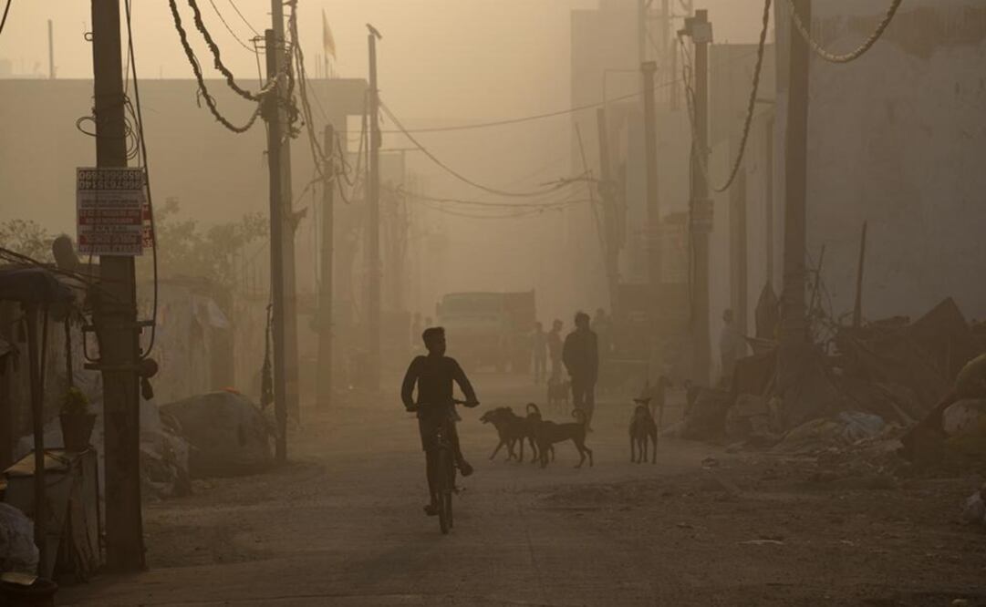 Un niño monta en bicicleta en medio de una densa humareda provocada por un incendio en el vertedero de Bhalswa en Nueva Delhi, India. Foto: AP 
