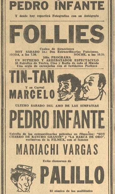 Evento de Pedro Infante anunciado en EL UNIVERSAL. Se realizó en el Teatro Follies Bergere en febrero de 1947.