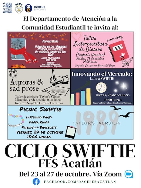 Agenda del ciclo “swiftie” de la FES Acatlán. Foto: Facebook Departamento de Atención a la Comunidad Estudiantil