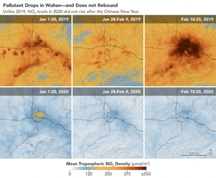 NASA revela caída de la contaminación en China por coronavirus