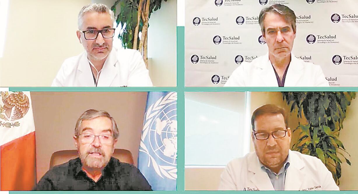 El embajador de México ante la ONU, Juan Ramón de la Fuente (abajo-izquierda), participó en una videoconferencia sobre Covid-19 organizada por el Tecnológico de Monterrey. Foto: TOMADA DE VIDEO