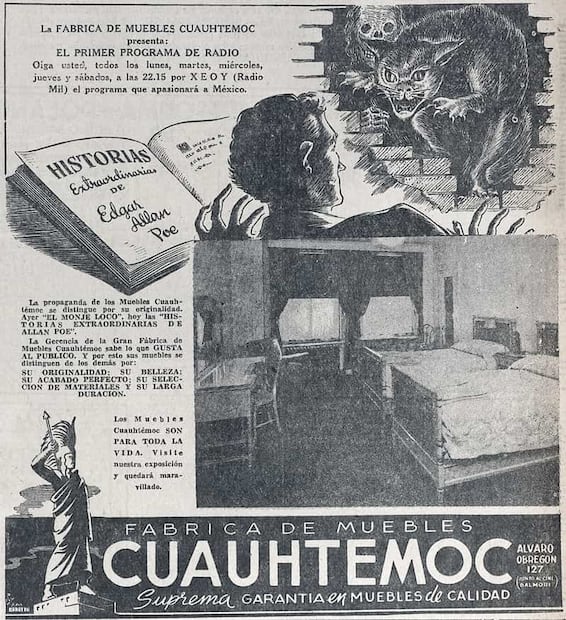 Anuncio del programa “Historias Extraordinarias”, patrocinado por muebles “Cuauhtémoc”, 1942; a poco tiempo de su primera emisión, se convirtió en el programa con mayor audiencia de su año. Foto: Hemeroteca EL UNIVERSAL.