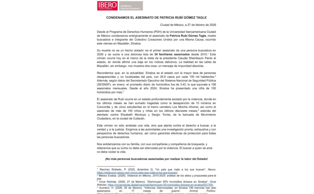 "Este crimen atenta contra el derecho a buscar la verdad y la justicia", universidad Iberoamericana condena asesinato de madre buscadora en Sinaloa.
Foto: Especial.