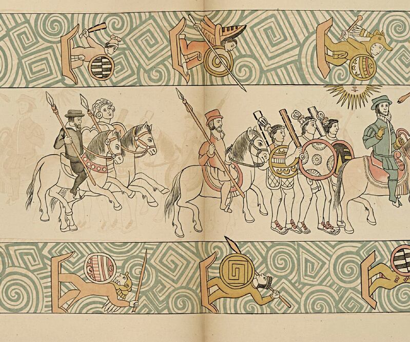 Los Españoles montaban a caballo y usaban lanzas con punta de hierro. FRAGMENTO DEL LIENZO DE TLAXCALA