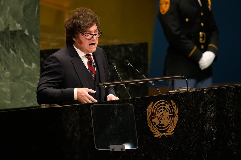 El presidente argentino, Javier Milei, durante su discurso en la 81 Asamblea General de la ONU, en Nueva York. FOTO: SETH WENIG. AP