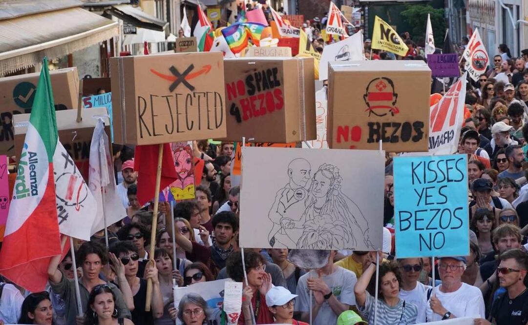 Protestas por boda de Jeff Bezos. (28/06/25) Foto: EFE