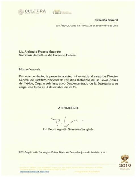 Salmerón ofrece renuncia a la secretaria de Cultura... a partir del 4 de octubre