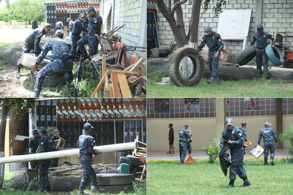 Elementos de la Gendarmeria realizaron mantenimiento en la escuela primaria Vicente Guerrero, perteneciente a Santa María El Tule (Fotos: Luis Jerónimo / Quadratín)