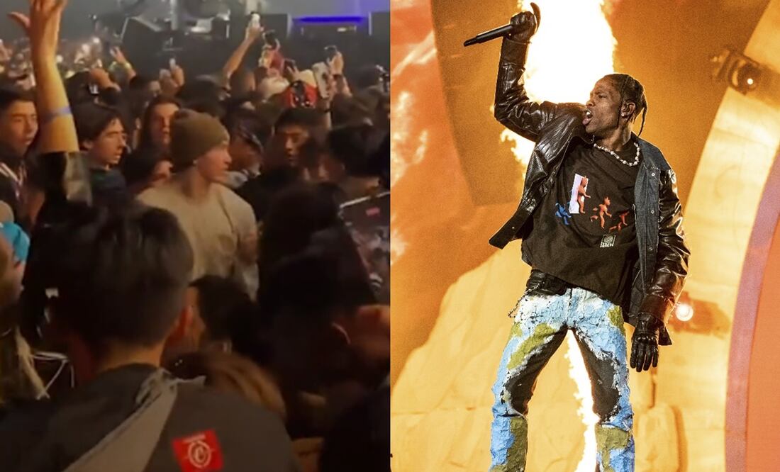 El rapero Travis Scott durante un show en vivo, e imágenes de la estampida ocurrida en 2021 en un festival de música Houston. Fotos: Amy Harris/Invision/AP, archivo EL UNIVERSAL. /Captura vía Twitter.