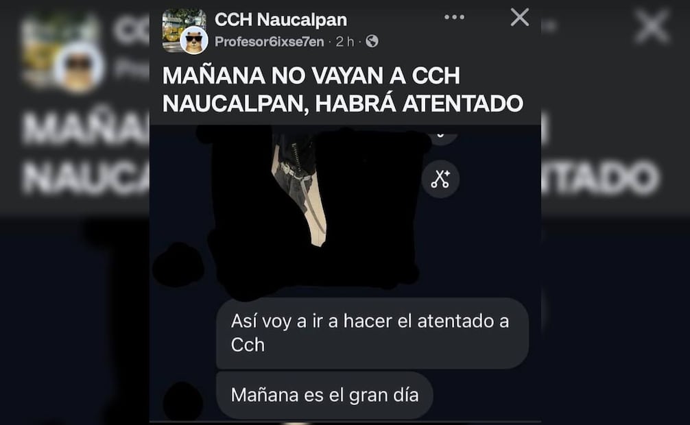 Mensaje del sujeto amenazando con atentado en el CCH Naucalpan. Foto: Especial