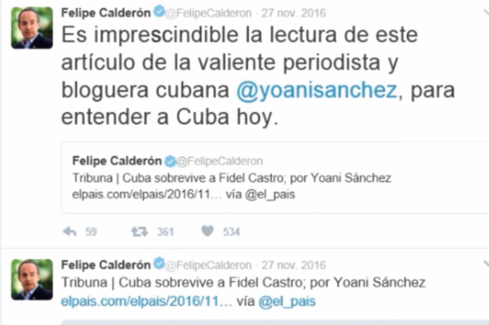 NOVIEMBRE DE 2016 b El ex presidente opinó en Twitter sobre lo que significaba la muerte de Fidel Castro. Un día despues difundía un artículo de la bloguera Yoani Sánchez (ARCHIVO. EL UNIVERSAL)
