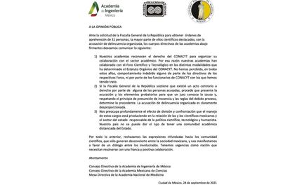 Academias de Ingeniería, Ciencias y Medicina califican como "desproporcionada" acusaciones contra científicos