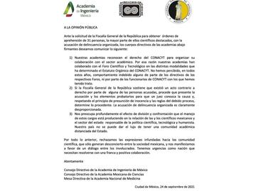 Academias de Ingeniería, Ciencias y Medicina califican como "desproporcionada" acusaciones contra científicos