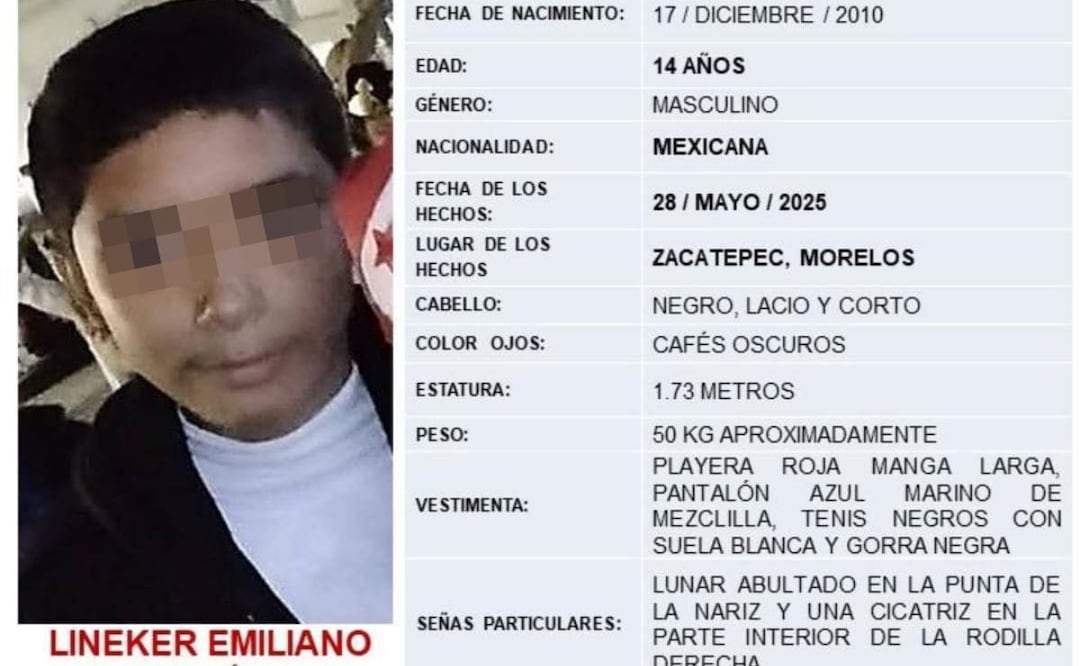 El menor Lineker Emiliano, de 14 años, fue reportado como desaparecido desde el miércoles pasado en Zacatepec, Morelos (30/05/2025). Foto: Especial
