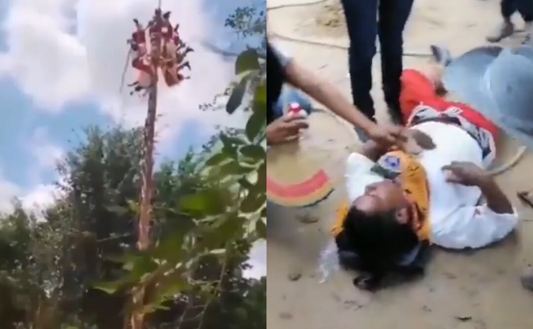 El palo ritual de donde descendían los voladores de Papantla en Veracruz, se rompió y estos cayeron (27/06/2025). Foto: Captura de video