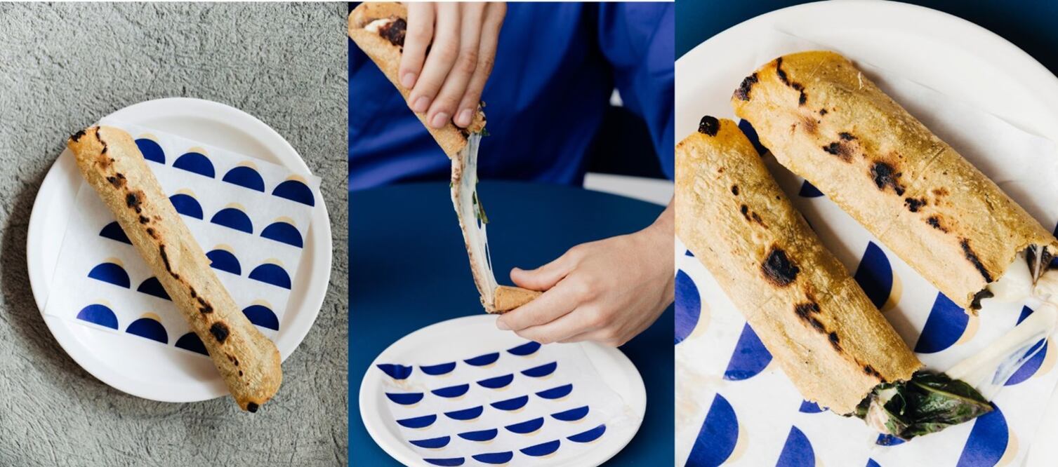 Taco de "ese", con frijoles refritos, hoja santa y queso.