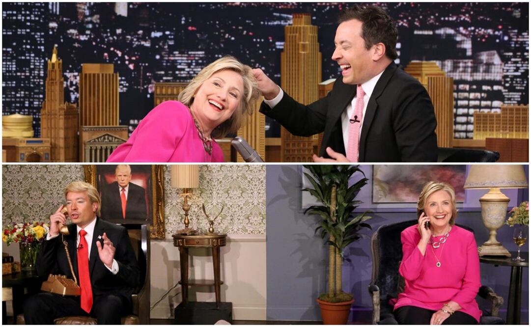 Mientras Trump estaba en otro debate republicano, las referencias a él dominaron la participación de Clinton en "Tonight Show" . FOTOS: AP/REUTERS