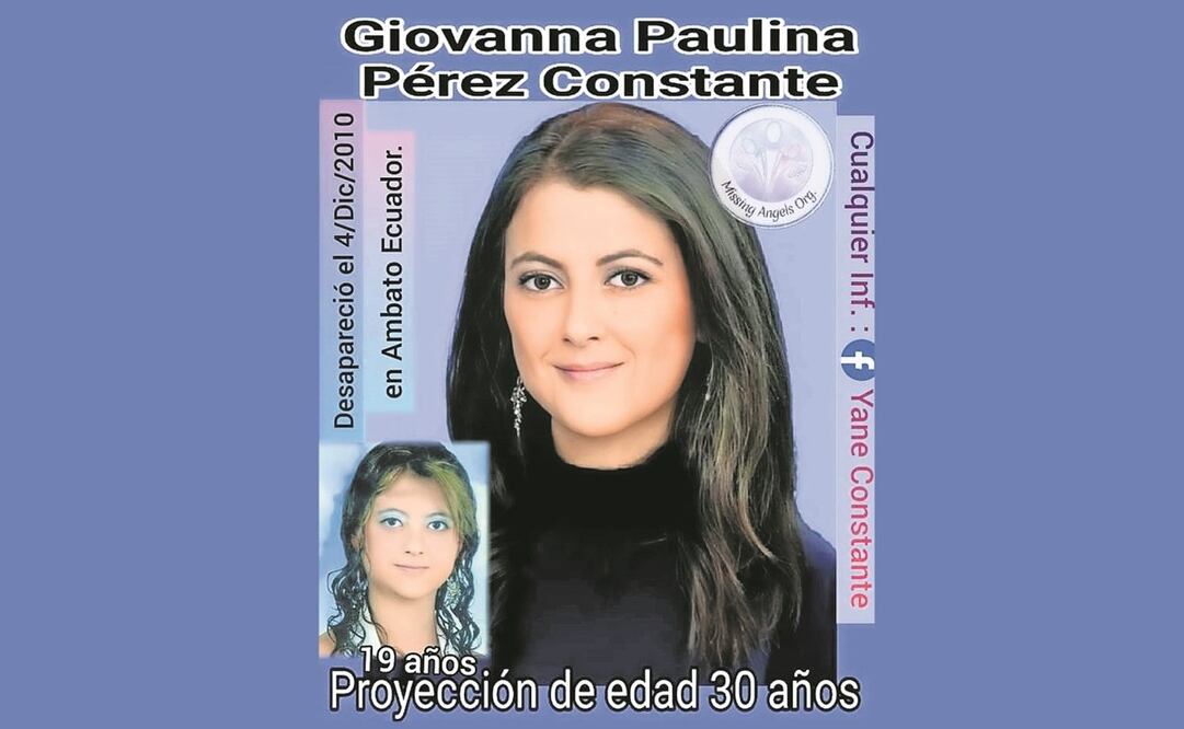 La familia de la ecuatoriana Giovanna Paulina, desaparecida desde 2010 en Ecuador a los 19 años, mostró cómo sería ahora, a sus 33. Foto: Especial.