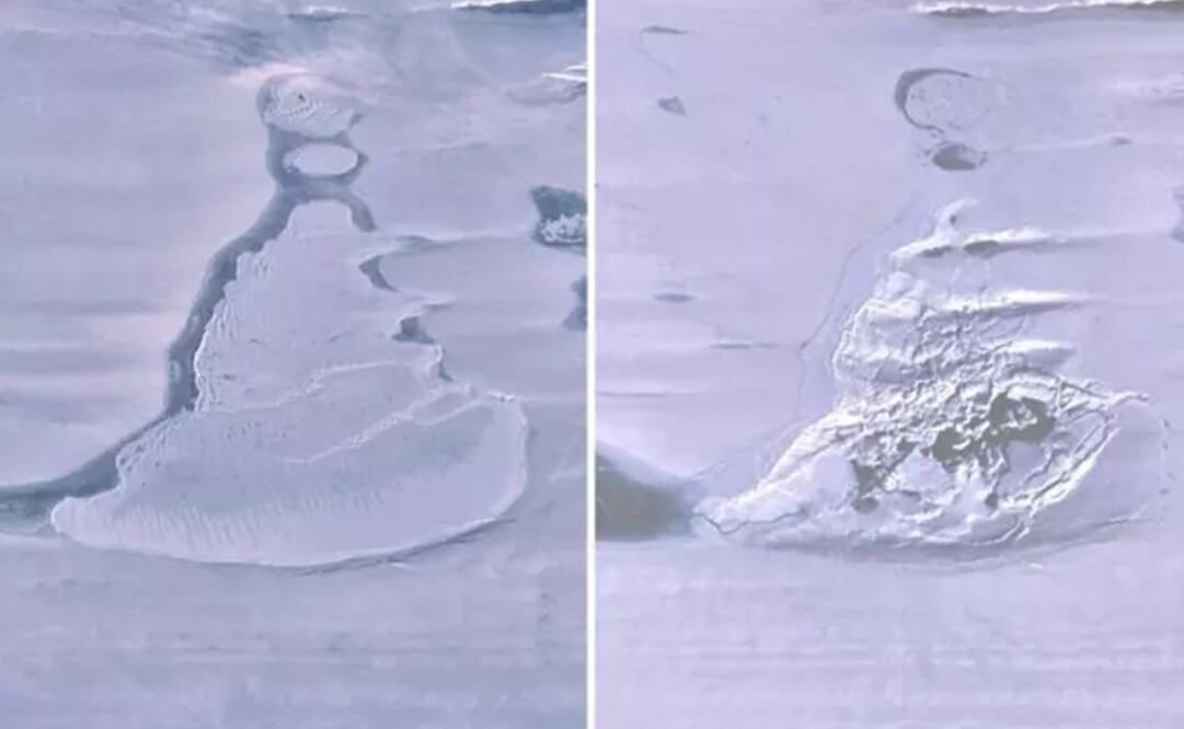 Imágenes de Landsat 8 sobre la plataforma de hielo del sur de Amery muestran el lago cubierto de hielo antes del drenaje y la dolina de hielo resultante con agua de deshielo de verano. Foto:GEOPHYSICAL