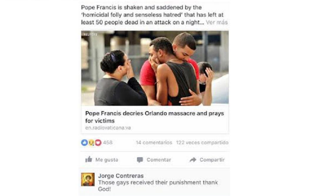 “Those gays received their punishment thank God!,” Contreras wrote in a comment to a story about Pope Francis decrying Orlando massacre. (Photo: Taken from Facebook)