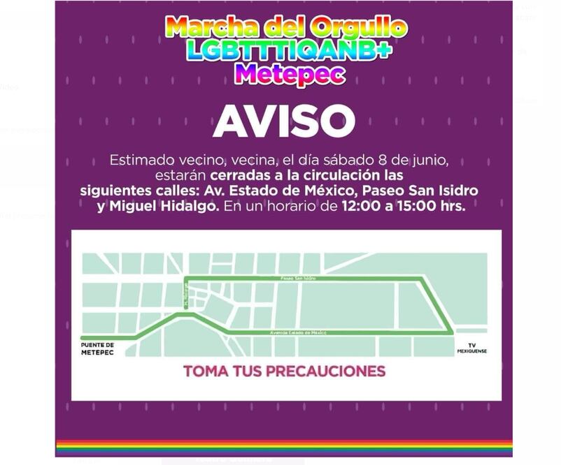 Este sábado se realizará la tercera marcha por el Orgullo LGBTTTIQ+ en el municipio de Metepec. (Foto: especial)