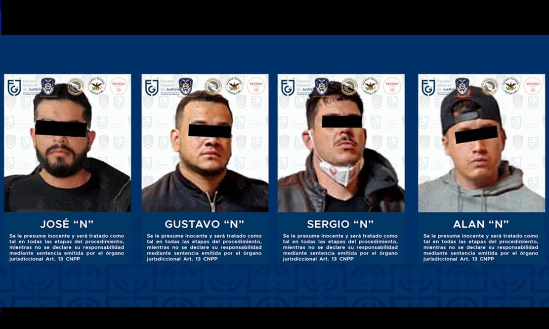 Sergio “N”, alias “El Tostado” u “Homero”; José Eduardo “N”, alias “Lalin”; Gustavo “N” y Alan “N”, posiblemente son integrantes del CJNG. FOTO: Especial/ EL UNIVERSAL/
