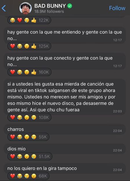 Bad Bunny "explota" en canal de WhatsApp. / Foto: Tomada de Twitter @LuisValLe_A.