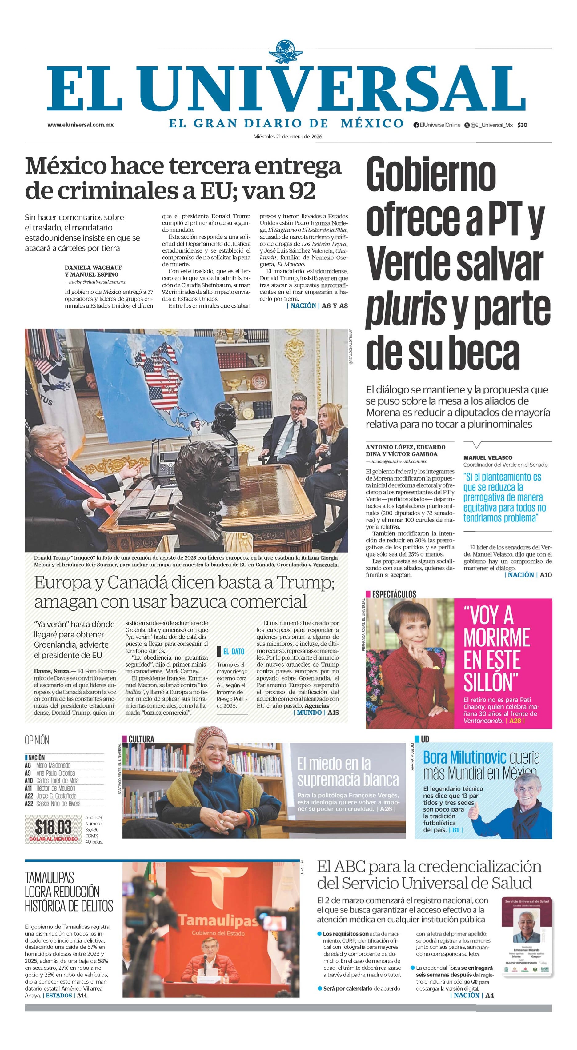 Portada impresa del 21 de enero de 2026