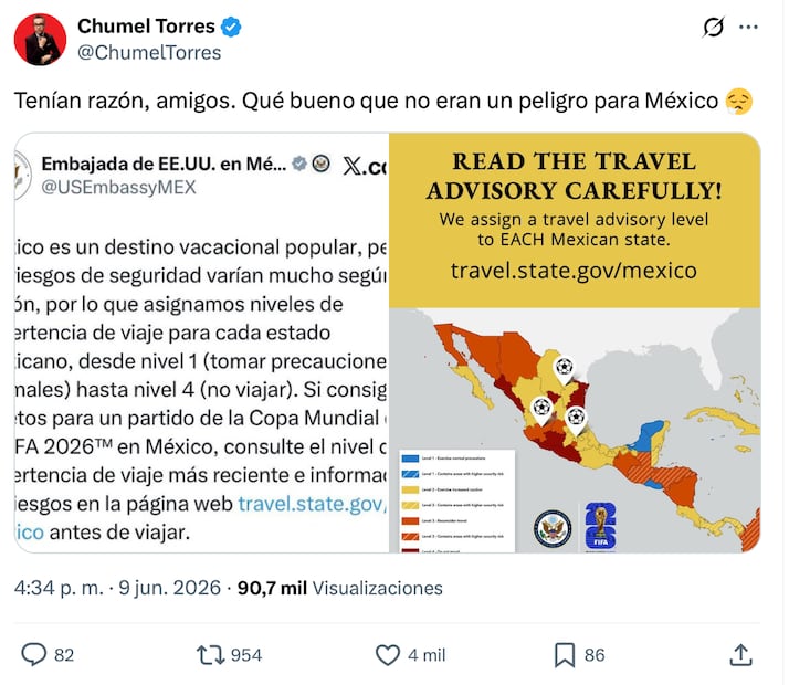 Chumel Torres reacciona a la alerta de EU sobre viajar a México. Foto: Captura de pantalla