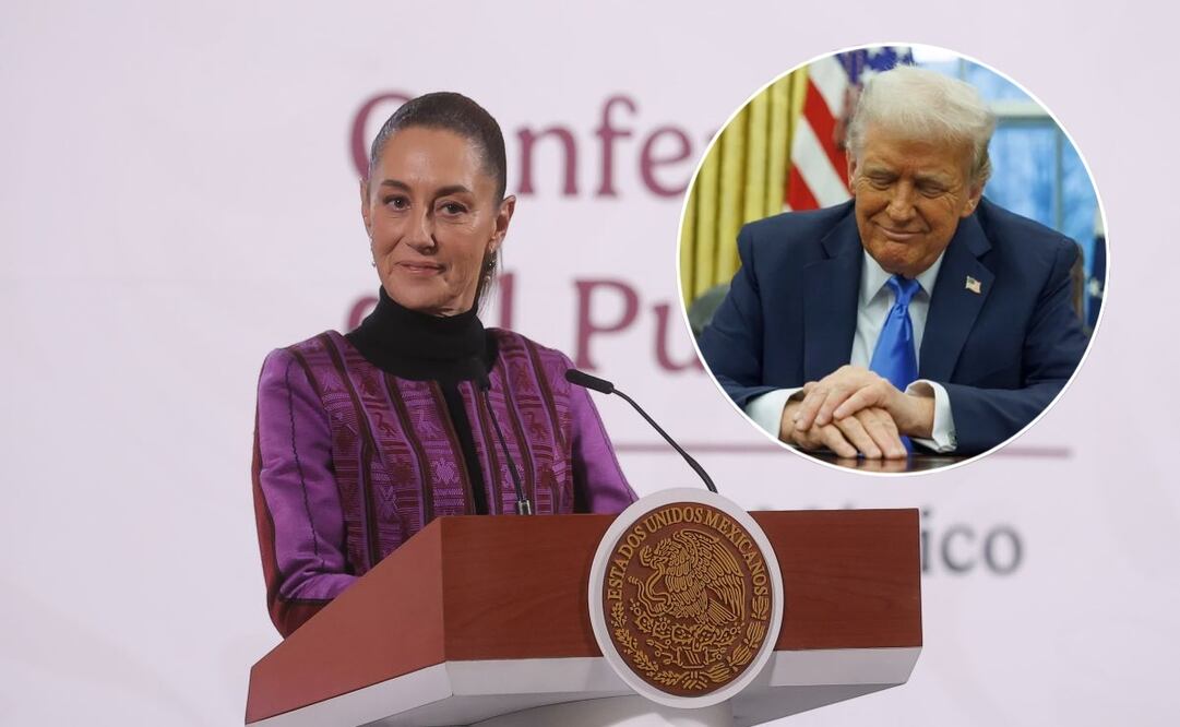 Claudia Sheinbaum, presidenta de México, durante la mañanera del 20 de febrero. En el círculo el presidente de Estados Unidos, Donald Trump. Foto: Gabriel Pano / EL UNIVERSAL y EFE
