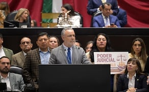 El vicecoordinador de Morena en la Cámara de Diputados, Alfonso Ramírez Cuéllar, durante la presentación de reservas al dictamen para aplazar la elección judicial a 2028. Foto: Especial