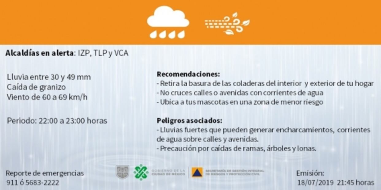 Activan alerta naranja por tormenta en 3 alcaldías