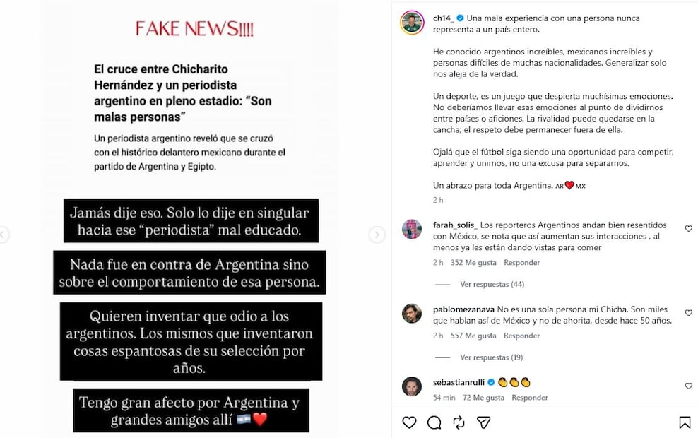 Mensaje de "Chicharito" Hernández, tras protagonizar una polémica con dos periodistas argentinos - Foto: @ch14_ en X