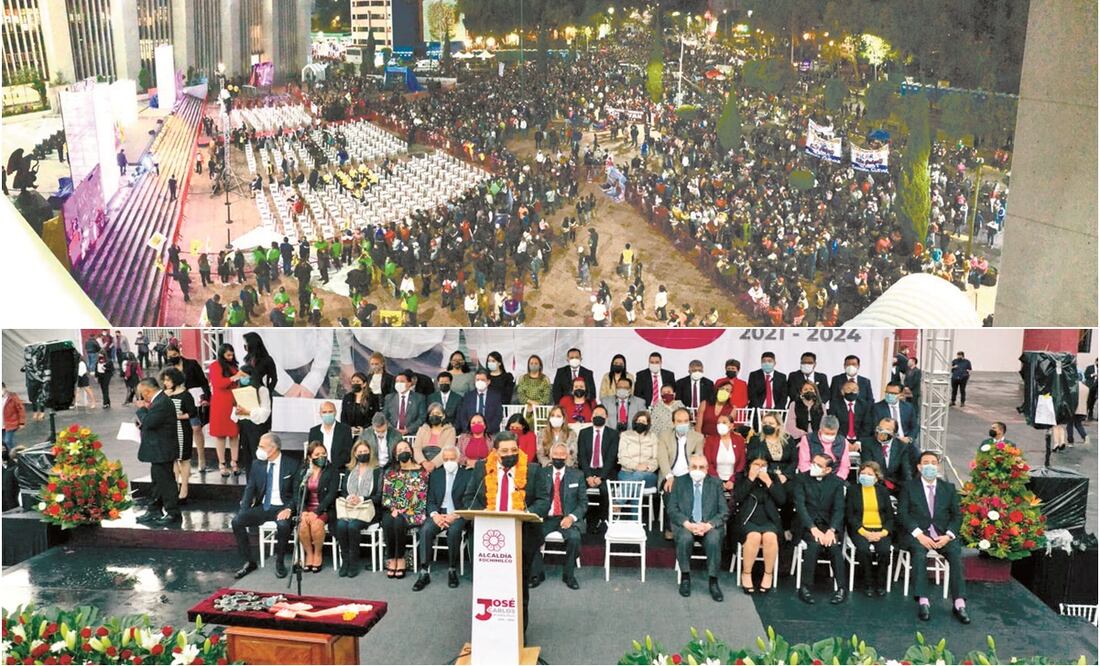 La alcaldía Cuauhtémoc se llenó para festejar a Sandra Cuevas; en Xochimilco mostraron una foto del Presidente y Sheinbaum. Fotos: ESPECIAL