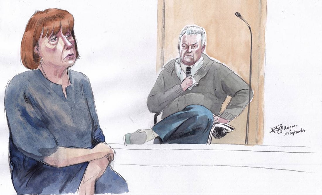 Este boceto de la sala del tribunal realizado por Valentin Pasquier muestra a Gisèle Pelicot, izquierda, y su exmarido Dominique Pelicot. Foto: AP/Archivo