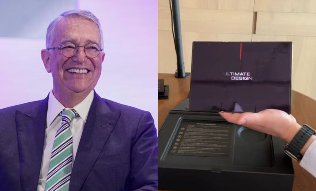 Salinas Pliego con un celular de tres pantallas. Imagen: especial