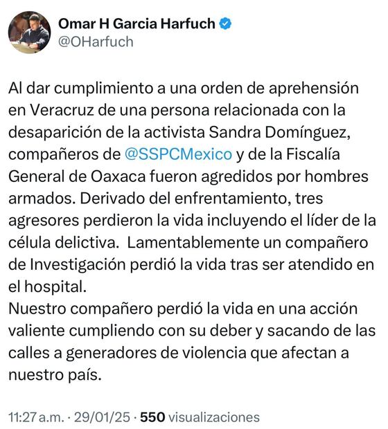 Omar García Harfuch, titular de SSCP, informó, este 29 de enero del 2025, en su cuenta de X sobre la agresión a elementos de la SSPPC en Veracruz. Foto: Captura tomada de la cuenta de X de @OHarfuch
