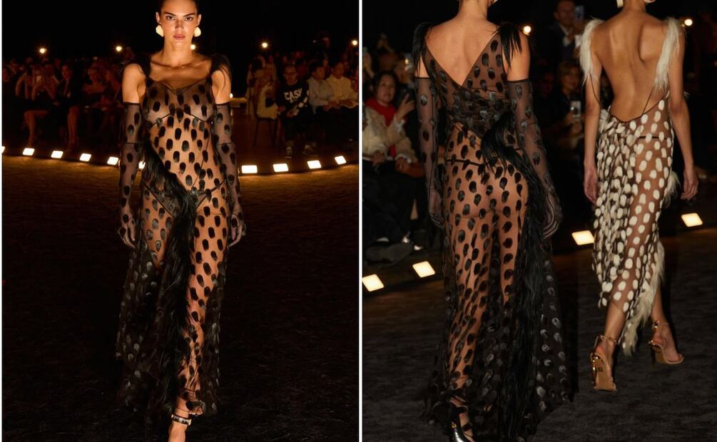 Kendall Jenner modela vestido de tul con lunares de pelo en desfile de Schiaparelli el 2 de octubre de 2025. Foto: Especial. Instagram @schiaparelli