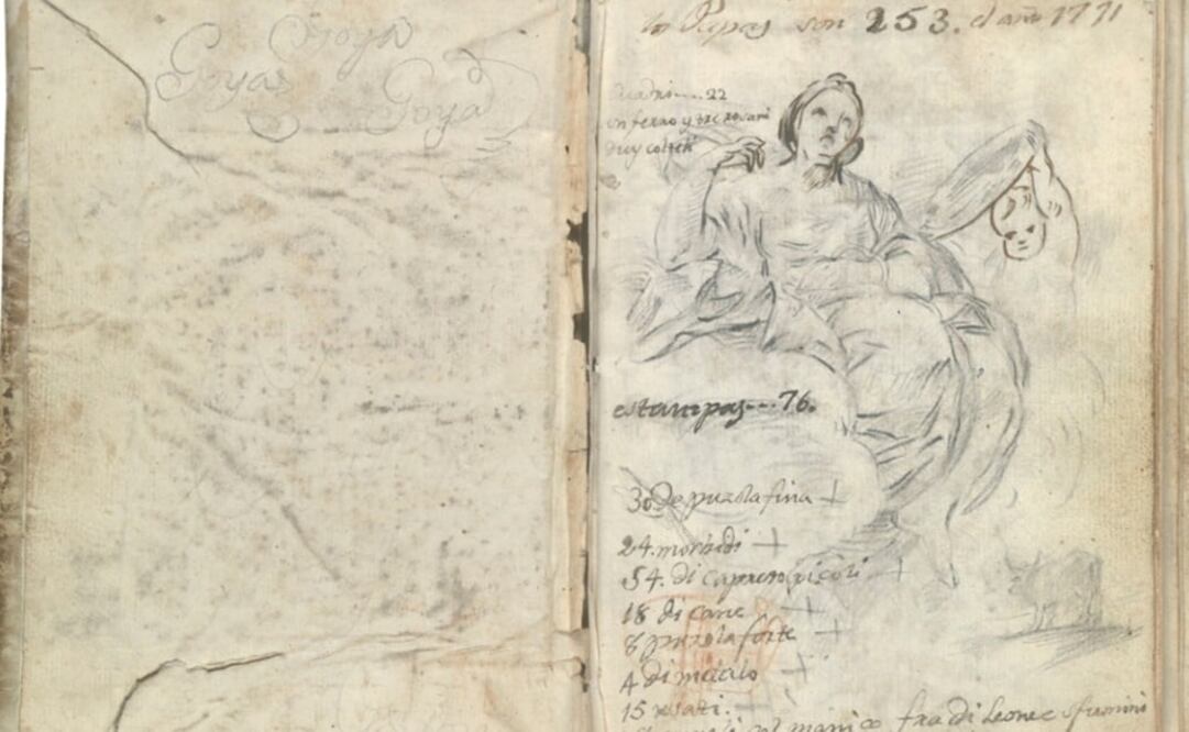Cuaderno italiano Alegoría de la Prudencia. Apunte de bóvido. Anotaciones sobre el número de pontífices y lista de materiales Goya. Hacia 1771 Madrid. Foto: Museo del Prado