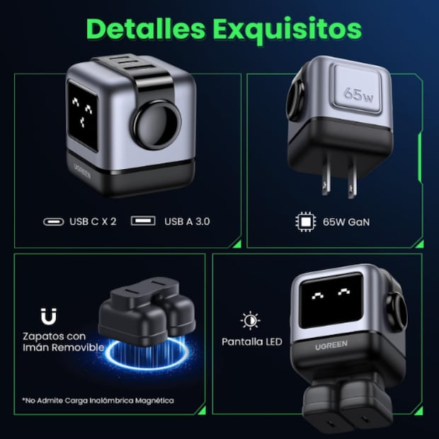 El nuevo cargador inteligente UGREEN Uno de 65W combina la tecnología GaN de carga rápida con un diseño único en forma de robot y expresiones LED interactivas para cuidar la vida útil de tus dispositivos / Foto: Amazon México